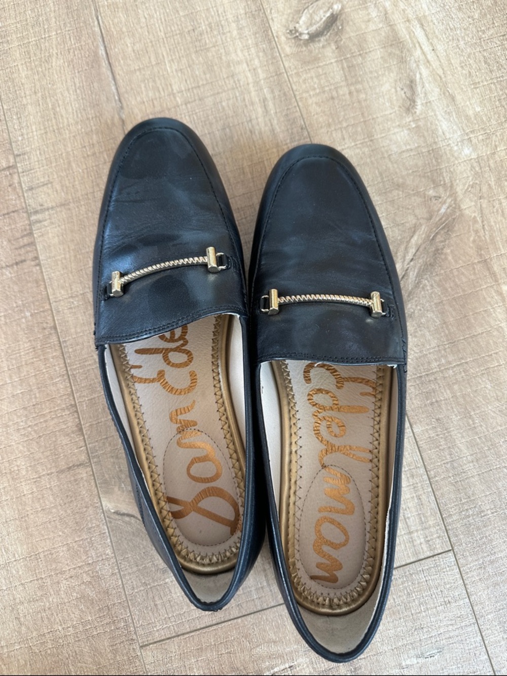 Sam Edelman Black Leather Slip-On Loafers with Gold Hardware